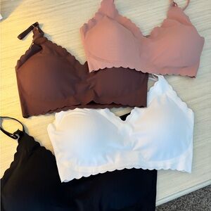 Set of Four Scalloped Bralettes in Black, White, Brown, and Pink